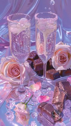 two champagne glasses filled with liquid next to pink roses and chocolates on a table