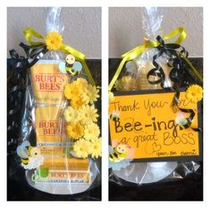 two baskets filled with yellow flowers sitting on top of a table next to each other