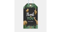 a black and gold thank you tag with giraffes, palm leaves and jungle animals