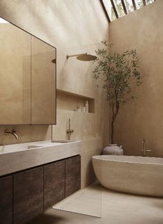 a bathroom with a tree in the middle of it and two sinks on either side