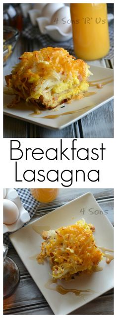 breakfast lasagna on a plate with orange juice in the background