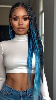 Blue Knotless Braids, Blue Knotless, Elegant Braided Hairstyles, Blue And Black Braids, Black Braids Hairstyles, Knotless Braids Styles, Gemini Hair, Chunky Highlights, World Hair