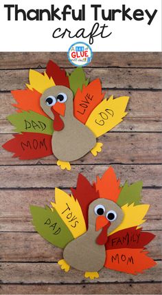 two turkeys made out of paper with the words happy mom and dad written on them