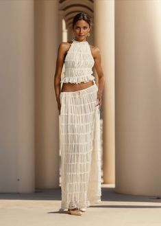 Olivia Mark - Backless Halter Neck Drawstring Chiffon Pleated Maxi Dress Set Solid Color Bikinis, Light Cardigan, Pleated Tennis Skirt, Pleated Maxi Dress, Mermaid Skirt, Pleated Maxi, Dress Set, Tennis Skirt, Types Of Skirts