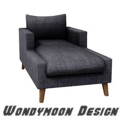 a gray chair sitting on top of a wooden floor next to a white sign that says wondroom design