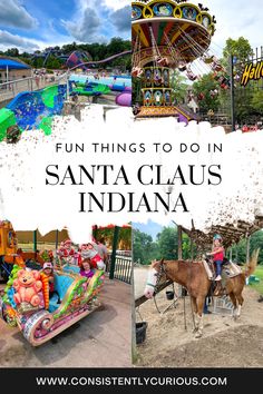 an amusement park with people riding on the rides and children playing in the rides at santa claus's indiana