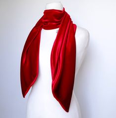 "Red Velvet Skinny Scarf - NEW - two sizes available This shimmering lush scarf is an easy way to incorporate this season's velvet trend. Give your look an instant pop of color with this luxuriously soft scarf. The deep, lush velvet will ensure that you will not need any extra jewelry when you want to drees up. You can wear this versatile scarf tied around your neck, as a chokerand, as a headban, use it as an accent for a bag, wrist, hat, ankle, for business or casual wear and style upgrade, thi Red Satin Scarves As Gifts, Red Fitted Neckwear For Gift, Fitted Red Neckwear For Gift, Elegant Red One-size Scarves, Elegant Red Headscarf One Size, Extra Jewelry, Velvet Trend, Silver Scarf, Headband Turban