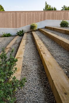 wooden steps leading up to a fenced in area with succulents and plants