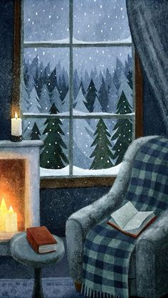 a room with a chair, fireplace and window covered in snow next to a christmas tree