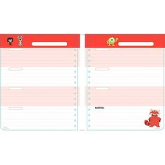 two red and pink planner pages with cartoon characters on them, one is blank for notes