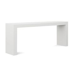 a white table that has a long shelf on it's side, with one end missing