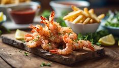 shrimp on a cutting board with french fries and ketchup