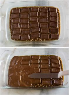 two pictures of chocolate squares in a baking dish