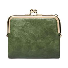 a green clutch bag with gold trimmings