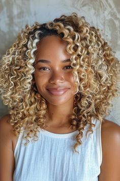 Curly blonde hair is a stunning and dynamic look that combines the vibrant bounce of curls with the bright, of blonde tones. Mixed Race Blonde Hair, Blonde Hair Mixed Girl, Mixed Girl Blonde Hair, Warm Blonde Curly Hair, Blonde Curly Hair Natural, Curly Blonde Hair, Blonde Ambition