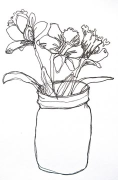 a drawing of flowers in a mason jar