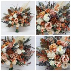 four pictures of different flowers and foliage on white boards, each with multiple colors in the same bouquet