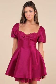 Enchanting Presence Magenta Taffeta Lace Puff Sleeve Mini Dress Magenta Clothes, Bat Mitzvah Dresses, Puff Sleeve Mini Dress, Skater Style, Puff Sleeve Dresses, Style Skirt, Puffed Sleeves Dress, Party Wear Dresses, Mini Dress With Sleeves