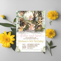 an image of a birthday party with yellow flowers and green leaves on the table next to it