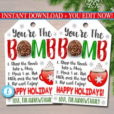 two christmas gift tags with the words you're the bomb bomb and happy holidays