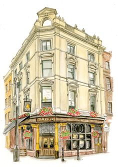 a watercolor drawing of a building with flowers on the front and windows above it