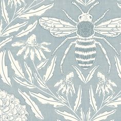 a blue and white wallpaper with a bee on it's back side, surrounded by flowers