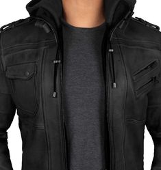 Black Hooded Leather Bomber Jacket Want to combine causal comfort with a classic look! Try our Edinburgh Black Hooded Leather Jacket. This jacket is made of real leather with great details like a zipper, exterior and interior pockets, decorative seams, etc. You can dress up and dress down it with multiple different outfits. Specification: Style: Bomber Material: Real Leather Lined with Viscose Features: Detachable Hood, Drawstring Front: Zip Closure, Decorative Seams Pockets: Exterior and interi Hooded Leather Jacket, Mens Leather Jacket, Black Leather Jacket Men, Leather Jacket With Hood, Mens Winter Coat, Men's Leather Jacket, Genuine Leather Jackets, Cool Jackets, Different Outfits