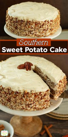 a cake with white frosting and pecans on top is cut in half to show the inside