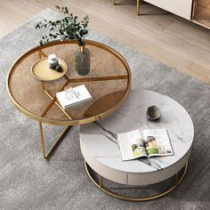 a coffee table with a magazine on it in the middle of a living room area