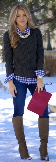 Blue And White Gingham Button Down Street Style Fall Winter, Cute Winter Outfits, Autumn Street Style, Thanksgiving Outfit, Outfit Combinations