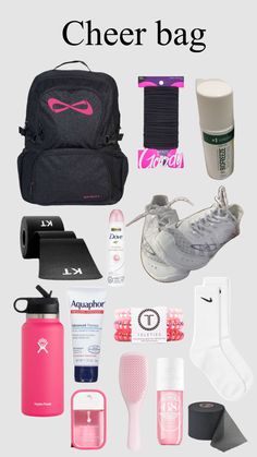 the contents of a backpack and other items that include water bottles, shoes, socks, headbands