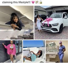 four different pictures with women and cars in the background