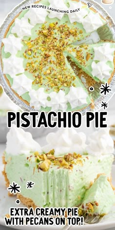 two different pies are shown with the words pistachio pie on top and bottom