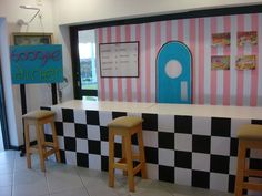 a checkered counter with three stools in front of it