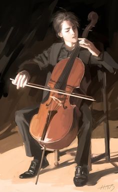 a painting of a man playing the cello