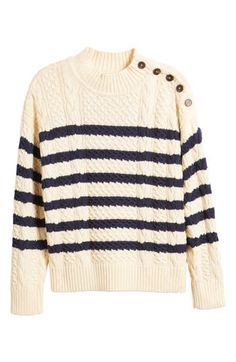 Cozy cable stitching brings warmth to this cashmere-kissed sweater detailed with wide nautical stripes. Crewneck Long sleeves Ribbed cuffs and hem 95% cotton, 5% cashmere Hand wash, dry flat Imported Boy Activewear, Nautical Stripes, Favorite Daughter, Maternity Shops, Loungewear Shorts, Designer Clothes For Men, Modern Outfits, Toddler Girl Outfits, Comfortable Dress