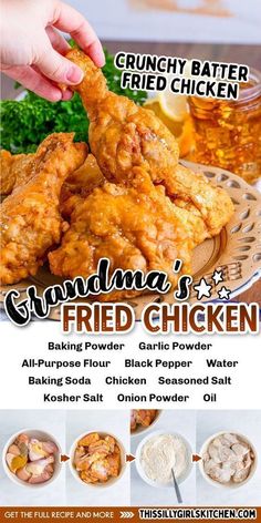 the flyer for grandma's fried chicken is shown with images of different foods and ingredients