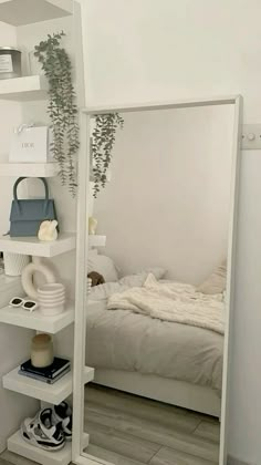 a white room with a bed, mirror and plant on the wall in it's corner