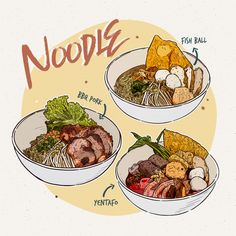 three bowls with different types of food in them and the words noodle written below