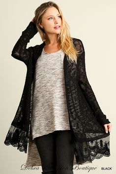 Umgee Light Sweater Lace Hem - Black or Forest Winter Layering Cardigan With Lace Trim, Winter Cardigan With Lace Trim For Layering, Winter Lace Trim Cardigan For Layering, Winter Layering Sweater With Lace Trim, Open Front Open Knit Cardigan For Layering, Winter Cardigan With Lace Trim, Casual Winter Cardigan With Lace Trim, Black Stretch Open Knit Cardigan, Fall Sweater With Lace Trim For Layering