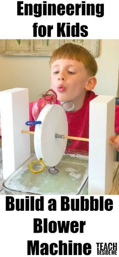 a young boy is making a bubble blower machine with text overlay that reads engineering for kids build a bubble blower machine