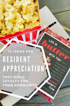 popcorn in a box with the words, 12 ideas for resident appreciation that build lovable for your community