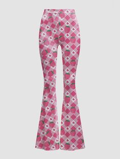 High Waisted Flare Bottoms Material: Polyester Mix Stretchy Fabric Leggings Style Fit Inseam: 30 2X Waist 40"- 44" Pink Fitted Bottoms With Strawberry Print, Fitted Pink Bottoms With Strawberry Print, Casual Pink Wide Leg Leggings, Pink Strawberry Print Bottoms For Summer, Fitted Strawberry Print Bottoms For Summer, Pink Retro Pants, Retro Flared Pink Bottoms, Retro Full-length Pink Pants, Casual Pink Bottoms With Strawberry Print