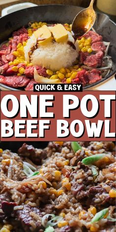 one pot beef bowl with corn and potatoes in it is shown on the cover of this cookbook