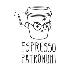 a coffee cup with the words espresso patronum written on it and a pencil