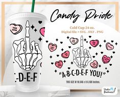 a paper cup with the words candy pride on it and an image of two hands holding hearts