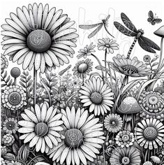 a black and white drawing of flowers with dragonflies flying above the flower garden in front of them