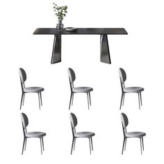 six chairs and a table with a vase on it