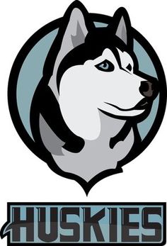 the huskies logo is shown in black and white with an oval blue border around it