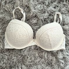 Victoria Secret Add-A-Size Padded Bra Cream Lace 34c Thicker Padding On This One With Underwire White Lace Bra With Lined Body, White Lined Lace Bra, Fitted White Victoria's Secret Bra, Fitted Cream Bra From Victoria's Secret, Victoria's Secret White Padded Bra, Feminine White Push-up Bra, White Lace Push-up Bra, White Victoria's Secret Push-up Bra, Victoria's Secret White Push-up Bra